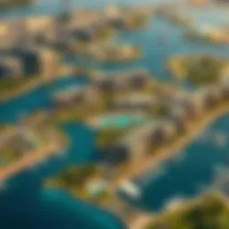 Aerial view of Dubai Lagoons showcasing its stunning waterfront and lush greenery