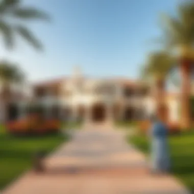 Elegant Clubhouse at Dubai Hills Golf Course Luxurious clubhouse surrounded by beautiful landscaping at Dubai Hills