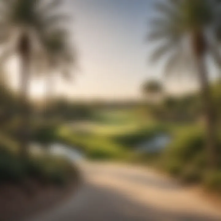 The pristine golf course at Jumeirah Golf Estate surrounded by palm trees.