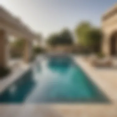 Panoramic view of a villa's private pool overlooking the city