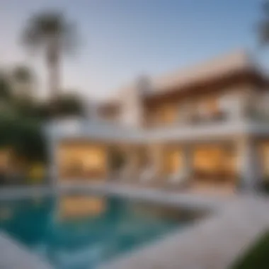 Serene Outdoor Living in Jumeirah Villas Serene outdoor space of a Jumeirah Villa with a pool and garden area