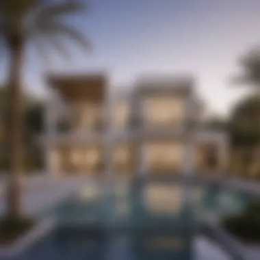 Luxurious Springs Villa Architecture Exterior view of a luxurious Springs villa in Dubai showcasing modern architecture.