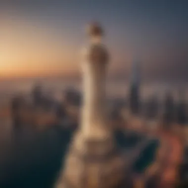 Bulgari Lighthouse and Dubai Skyline A panoramic view of the Bulgari Lighthouse with the Dubai skyline in the background