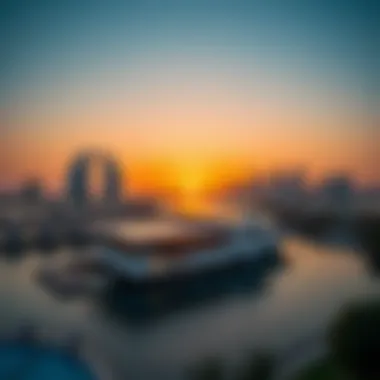 Stunning sunset over the Dubai Lagoon with skyline