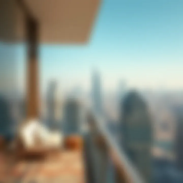Panoramic city skyline from a penthouse balcony