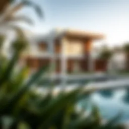 A stunning villa in Falcon City showcasing modern architecture and lush landscaping