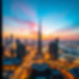 A panoramic view of Dubai's skyline at sunset