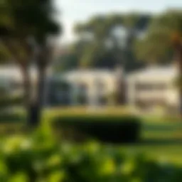 A serene landscape showcasing the lush greenery of a royal park with elegant residences in the background.